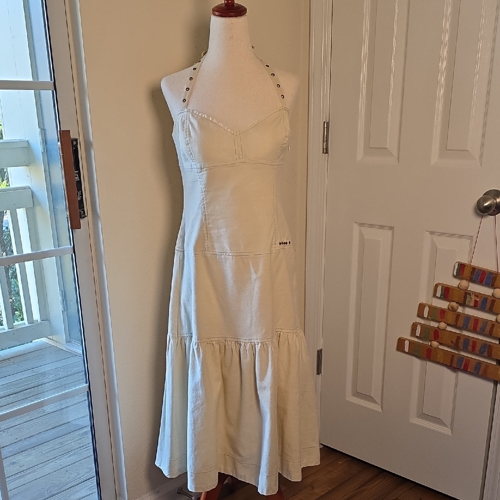 Y2k Free People Linen Cotton Halter Dress Metal Stud/Grommet Details